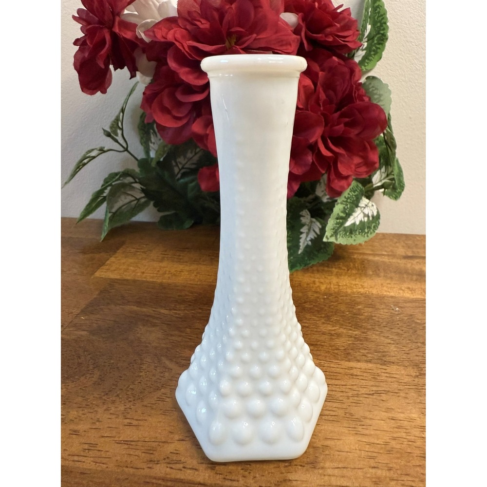 Vintage E.O. Brody Milk Glass Vases Hobnail Hexagon Base White MCM Wedding Decor